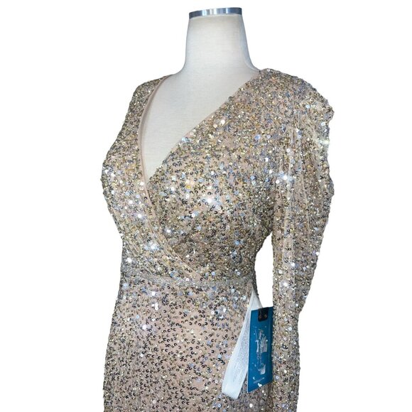 Mac Duggal Puff Sleeve Sequined Surplice Gown Shimmering Gold 8 New Womens Long - Picture 5 of 10